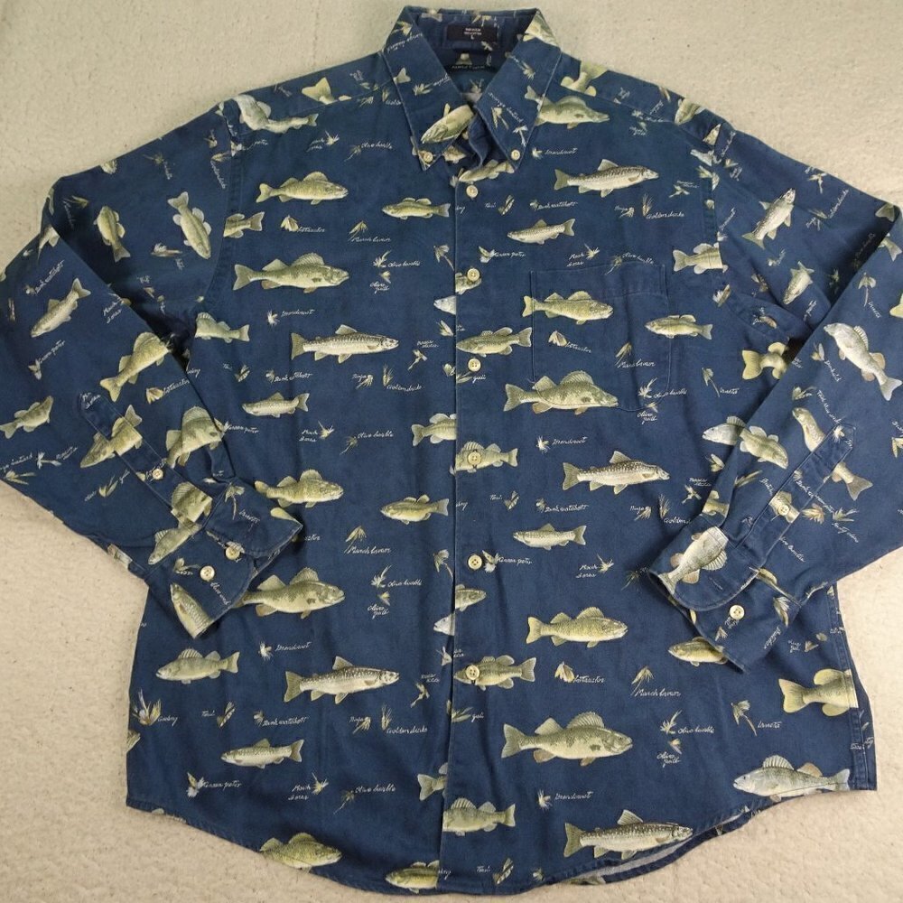 Nautica Blue Multi Species Fish L/S Shirt Large